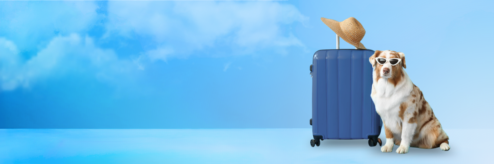 A dog in sunglasses sitting beside a suitcase topped with a sun hat